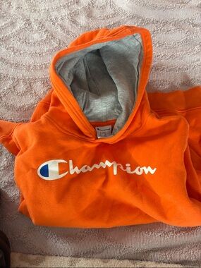 Champion Orange Pullover Hoodie with Grey Lined Hood